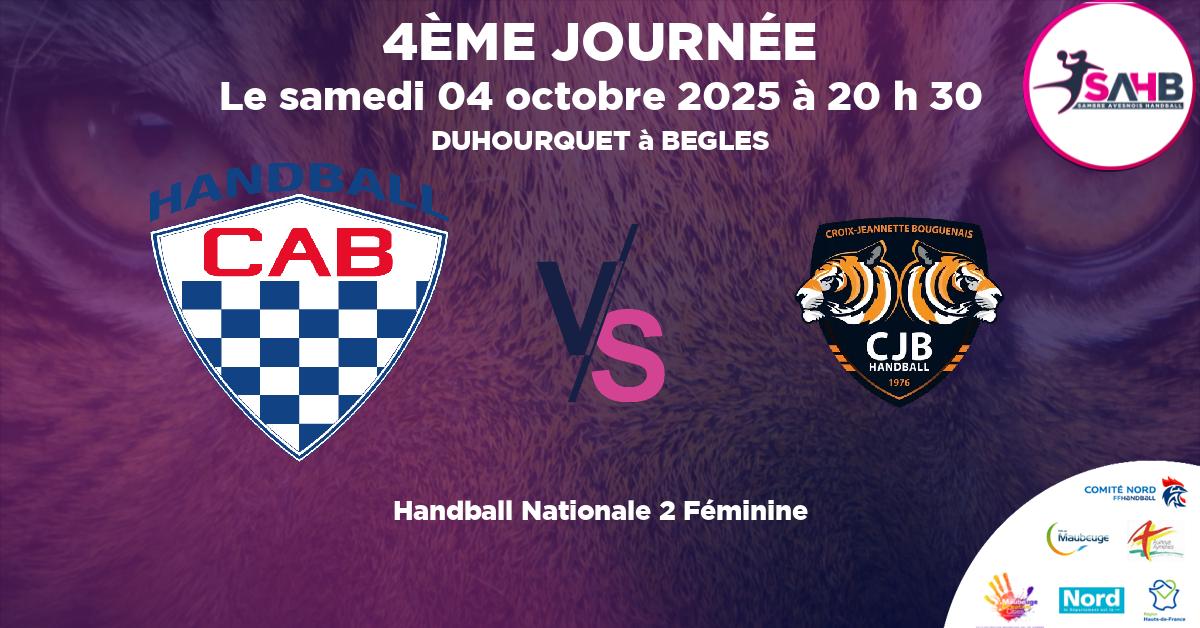 Nationale 2 Féminine handball, CLUB ATHLETIQUE BEGLAIS VS CJ BOUGUENAIS - DUHOURQUET à BEGLES à 20 h 30