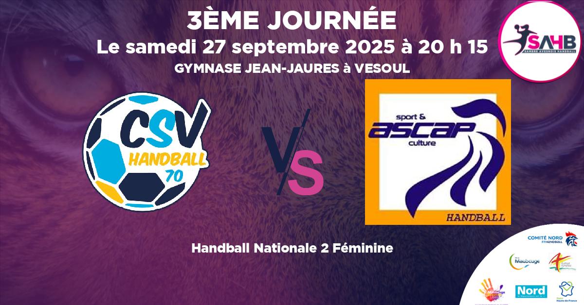 Nationale 2 Féminine handball, VESOUL VS PAYS DE MONTBELIARD - GYMNASE JEAN-JAURES à VESOUL à 20 h 15