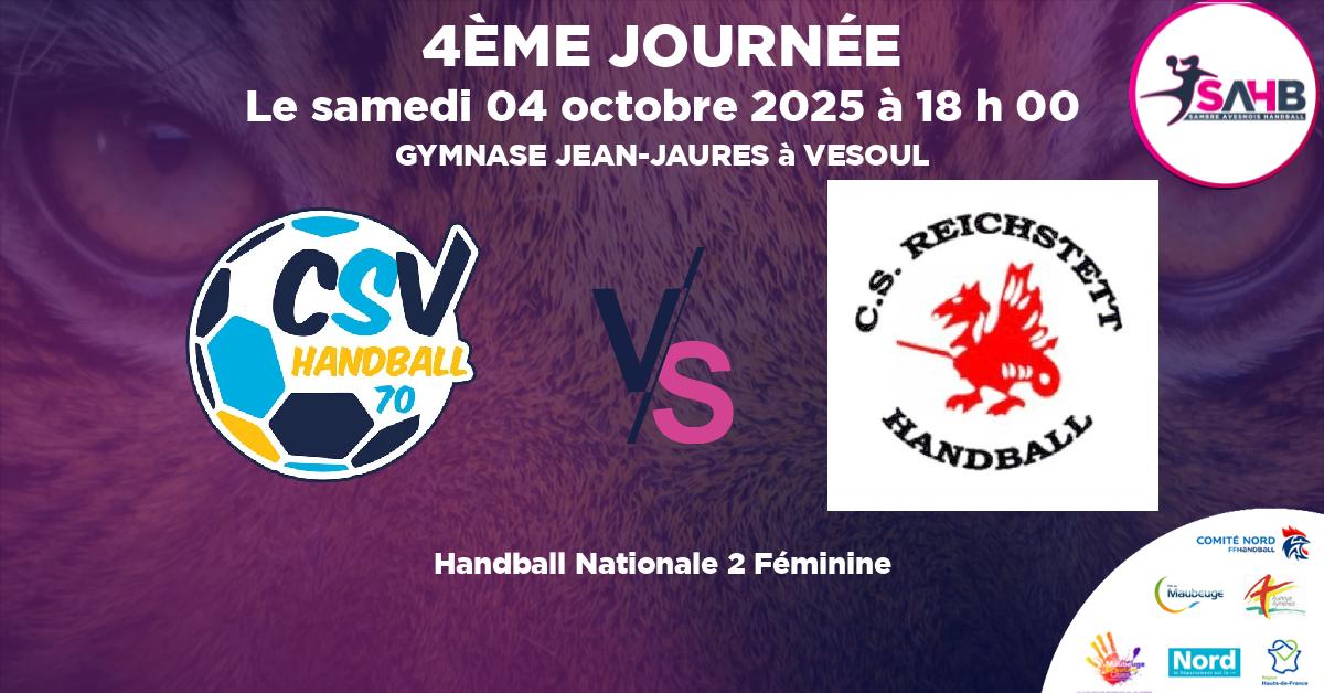 Nationale 2 Féminine handball, VESOUL VS REICHSTETT - GYMNASE JEAN-JAURES à VESOUL à 18 h 00