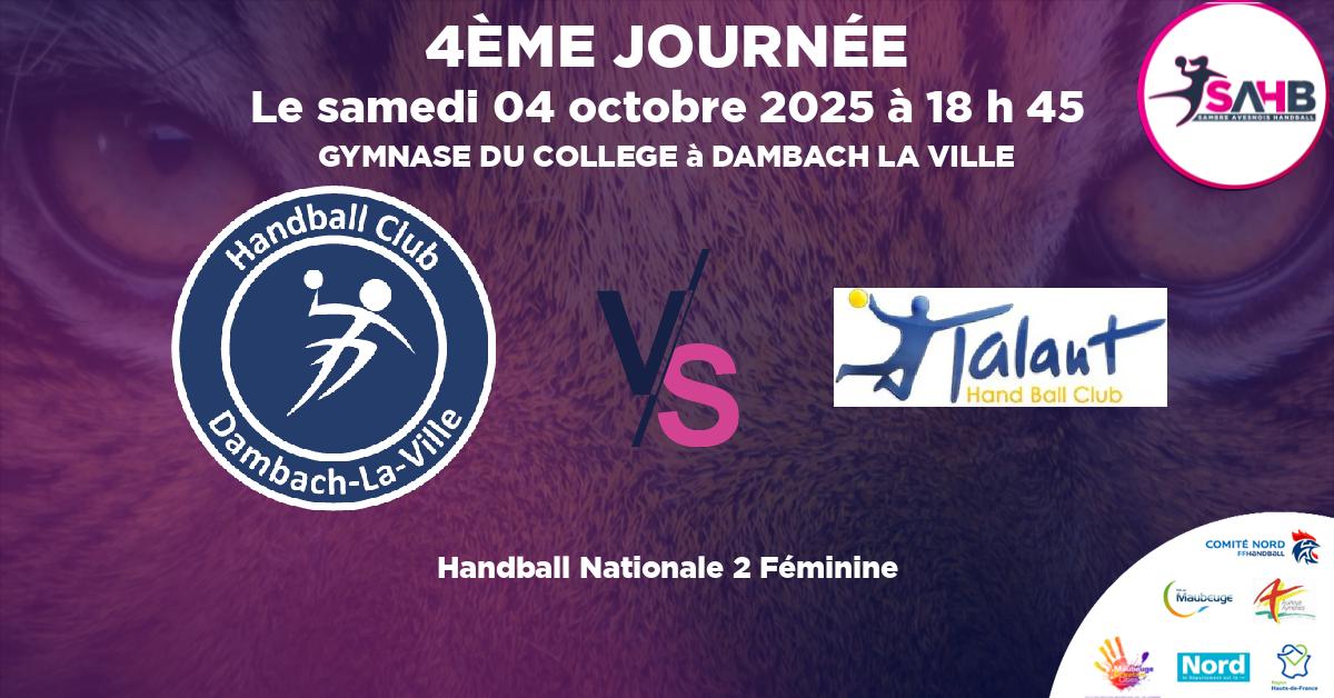 Nationale 2 Féminine handball, DAMBACH LA VILLE VS TALANT - GYMNASE DU COLLEGE à DAMBACH LA VILLE à 18 h 45