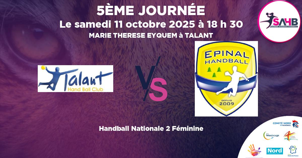 Nationale 2 Féminine handball, TALANT VS EPINAL - MARIE THERESE EYQUEM à TALANT à 18 h 30