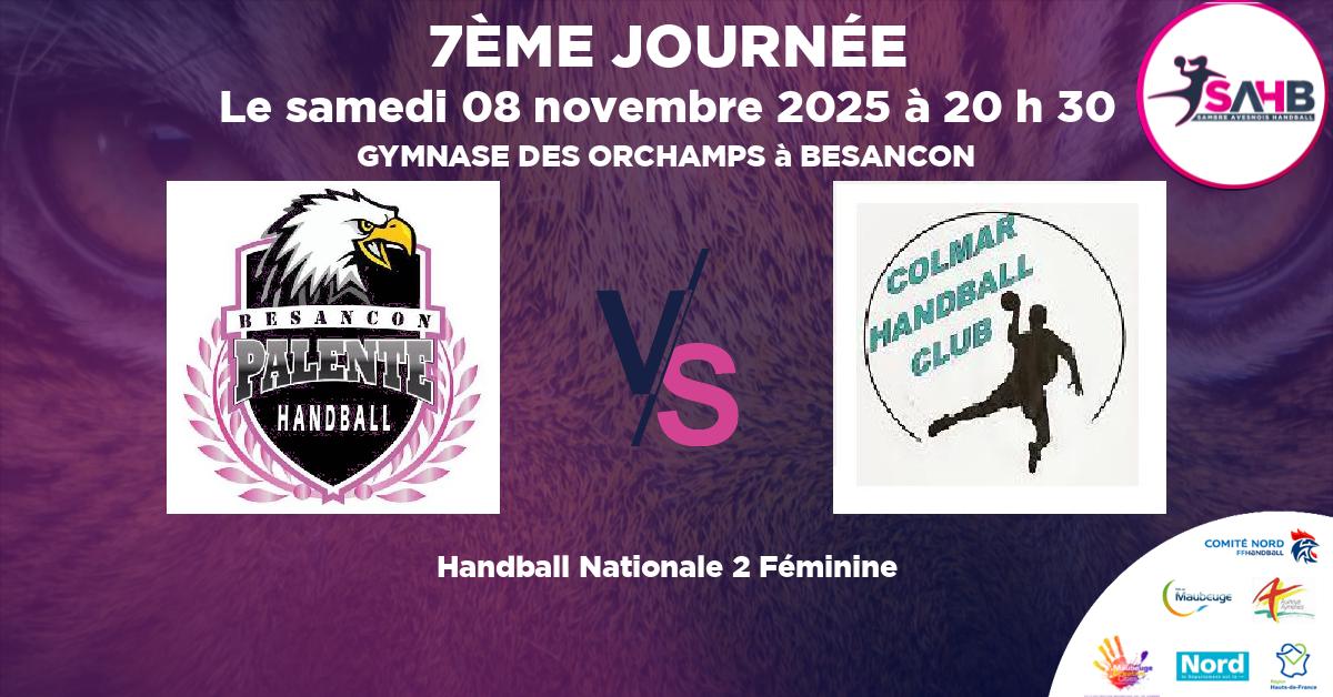 Nationale 2 Féminine handball, PALENTE BESANCON VS COLMAR - GYMNASE DES ORCHAMPS à BESANCON à 20 h 30