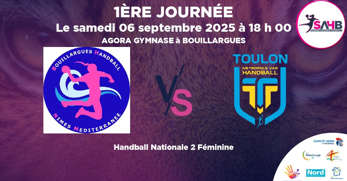 Nationale 2 Féminine handball, BOUILLARGUES NIMES MEDITERRANEE VS TOULON - AGORA GYMNASE à BOUILLARGUES à 18 h 00