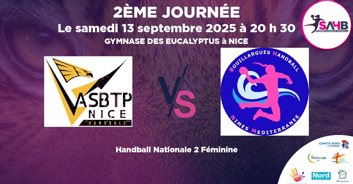 Nationale 2 Féminine handball, ASNICE VS BOUILLARGUES NIMES MEDITERRANEE - GYMNASE DES EUCALYPTUS à NICE à 20 h 30