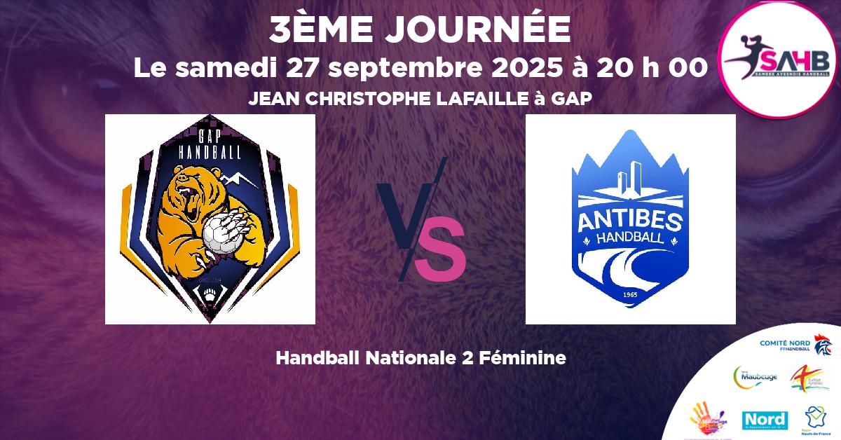 Nationale 2 Féminine handball, GAP CHAMPSAUR N2 VS O. ANTIBES JUAN LES PINS - JEAN CHRISTOPHE LAFAILLE à GAP à 20 h 00