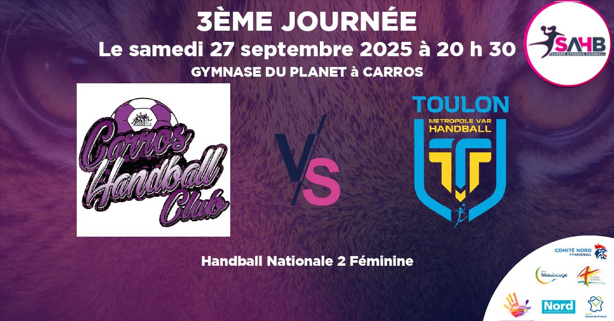 Nationale 2 Féminine handball, CARROS VS TOULON - GYMNASE DU PLANET à CARROS à 20 h 30