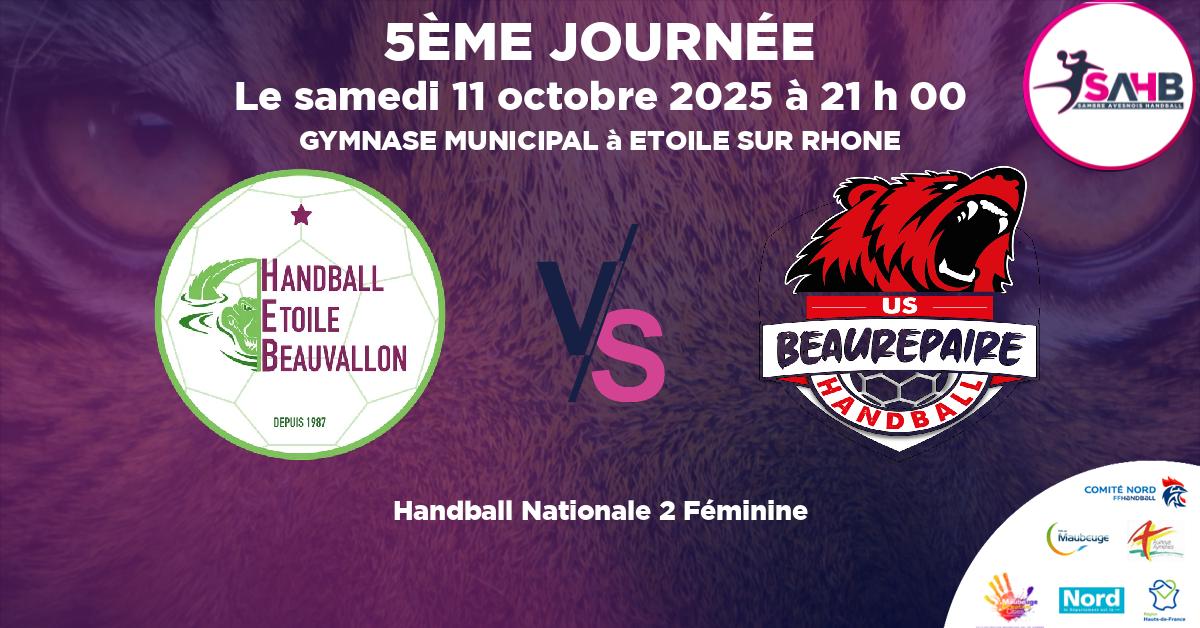 Nationale 2 Féminine handball, ETOILE BEAUVALLON VS BEAUREPAIRE - GYMNASE MUNICIPAL à ETOILE SUR RHONE à 21 h 00