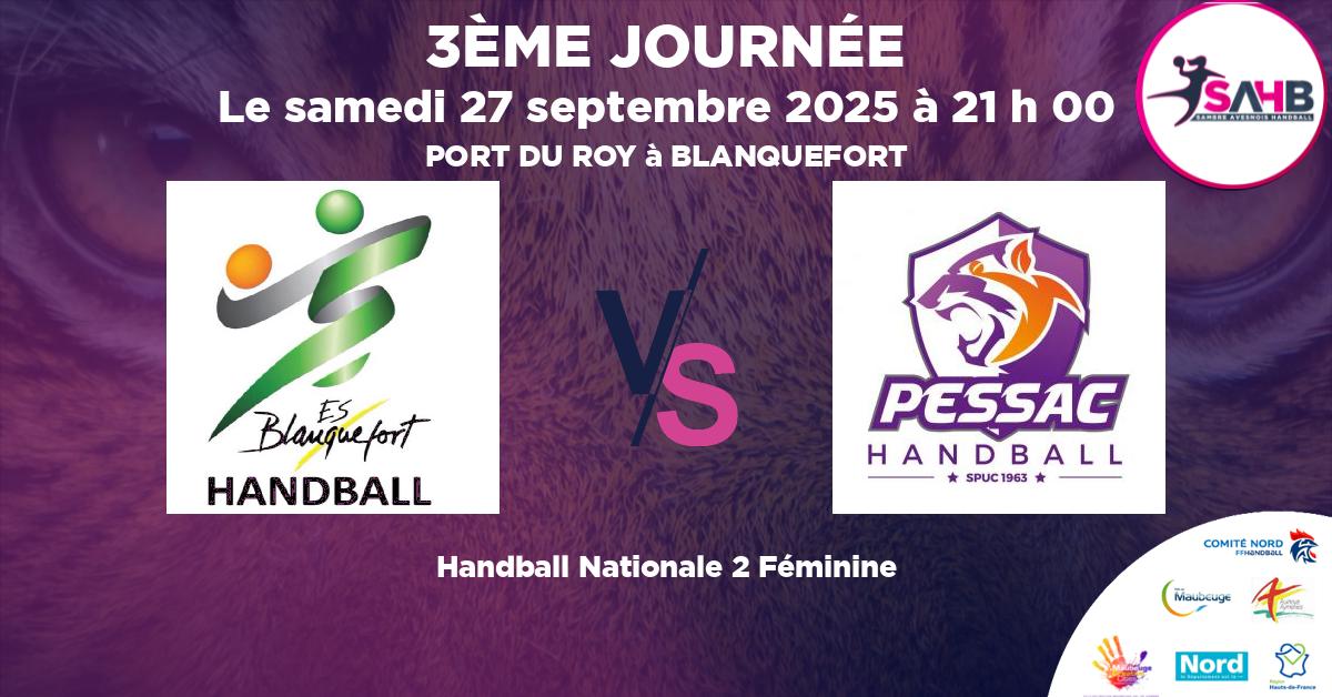 Nationale 2 Féminine handball, BLANQUEFORTAISE VS STADE PESSACAIS - PORT DU ROY à BLANQUEFORT à 21 h 00