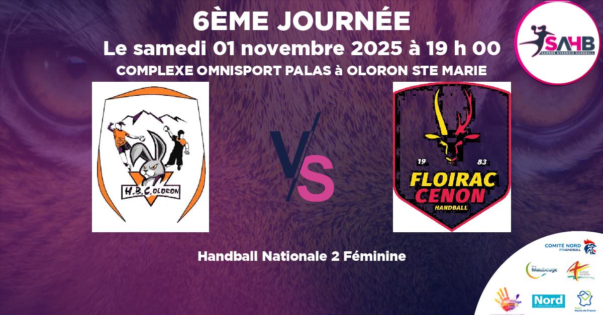 Nationale 2 Féminine handball, OLORON VS FLOIRAC CENON - COMPLEXE OMNISPORT PALAS à OLORON STE MARIE à 19 h 00