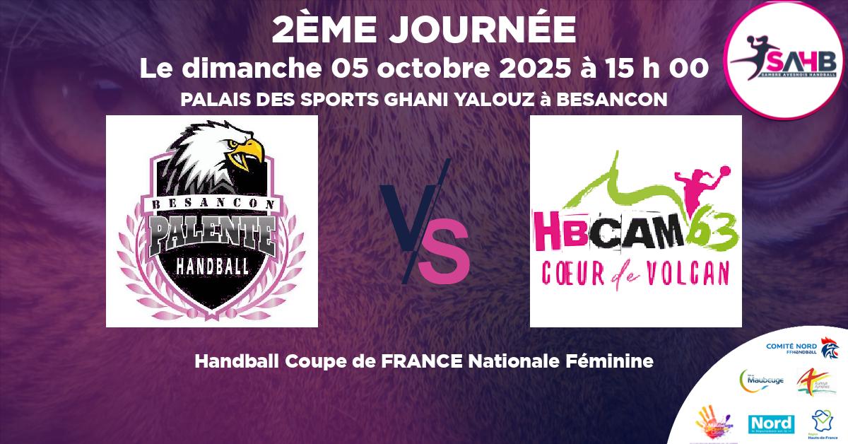 Coupe de FRANCE Nationale Féminine handball, PALENTE BESANCON VS CLERMONT AUVERGNE METROPOLE 63 - PALAIS DES SPORTS GHANI YALOUZ à BESANCON à 15 h 00