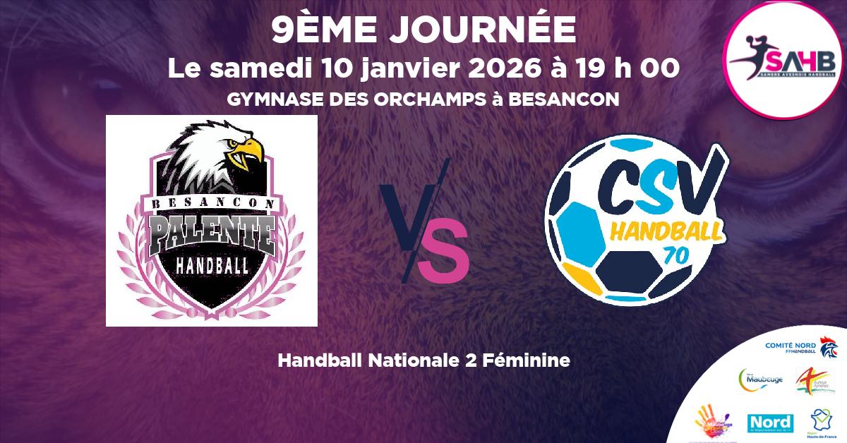 Nationale 2 Féminine handball, PALENTE BESANCON VS VESOUL - GYMNASE DES ORCHAMPS à BESANCON à 19 h 00