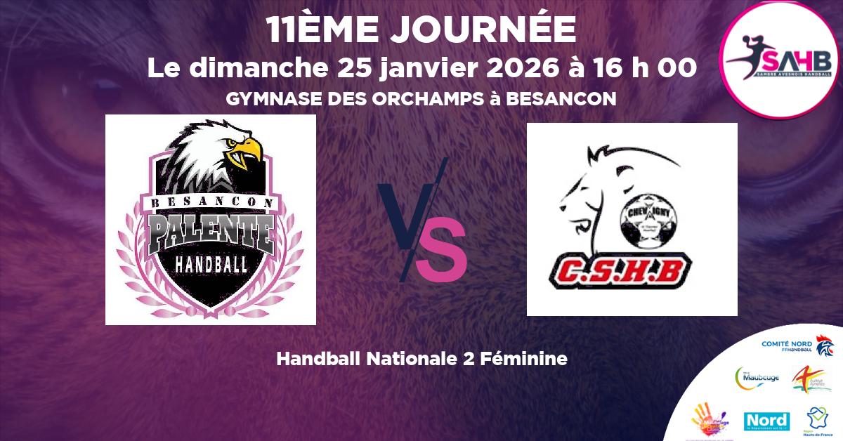 Nationale 2 Féminine handball, PALENTE BESANCON VS CHEVIGNY ST SAUVEUR - GYMNASE DES ORCHAMPS à BESANCON à 16 h 00