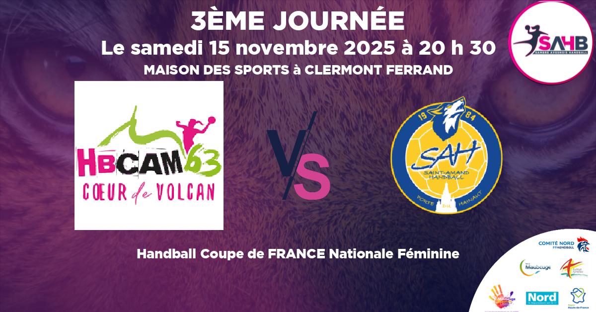 Coupe de FRANCE Nationale Féminine handball, CLERMONT AUVERGNE METROPOLE 63 VS ST AMAND LES EAUX - MAISON DES SPORTS à CLERMONT FERRAND à 20 h 30