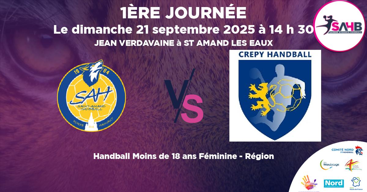 Moins de 18 ans Féminine - Région handball, ST AMAND LES EAUX VS CREPY EN VALOIS - JEAN VERDAVAINE à ST AMAND LES EAUX à 14 h 30