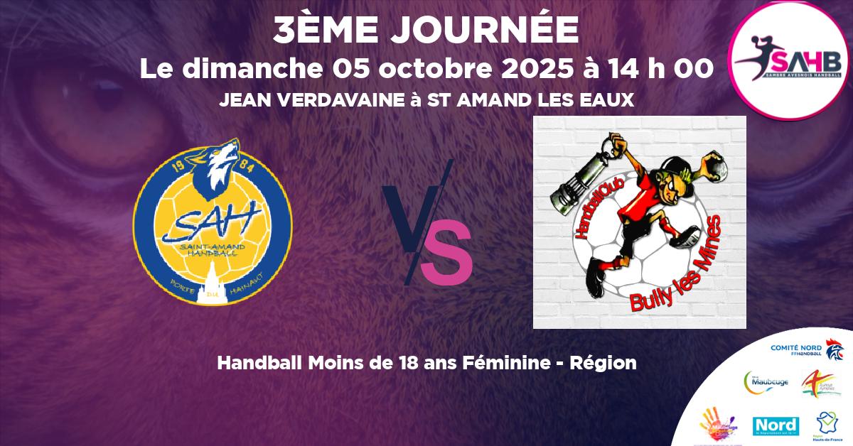 Moins de 18 ans Féminine - Région handball, ST AMAND LES EAUX VS BULLY LES MINES - JEAN VERDAVAINE à ST AMAND LES EAUX à 14 h 00