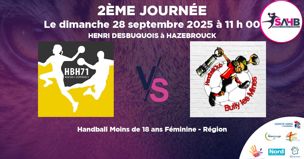 Moins de 18 ans Féminine - Région handball, HAZEBROUCK 71 VS BULLY LES MINES - HENRI DESBUQUOIS à HAZEBROUCK à 11 h 00