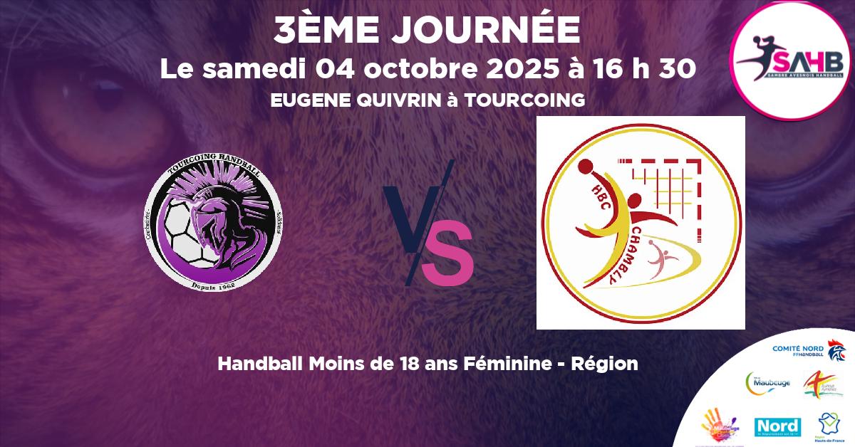 Moins de 18 ans Féminine - Région handball, TOURCOING U18F VS PAYS DE THELLE U18F CHAMBLY - EUGENE QUIVRIN à TOURCOING à 16 h 30