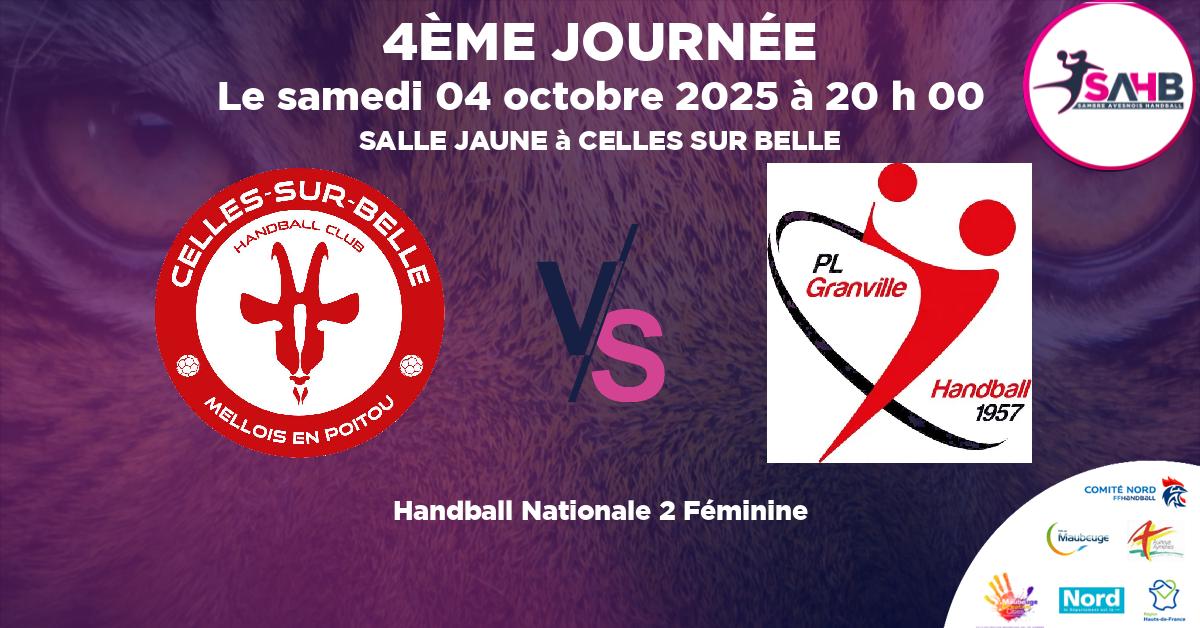Nationale 2 Féminine handball, CELLES SUR BELLE MELLOIS EN POITOU VS GRANVILLE - SALLE JAUNE à CELLES SUR BELLE à 20 h 00