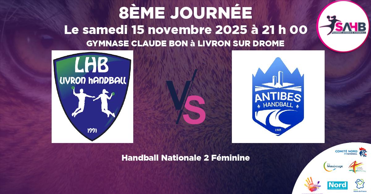 Nationale 2 Féminine handball, LIVRON VS O. ANTIBES JUAN LES PINS - GYMNASE CLAUDE BON à LIVRON SUR DROME à 21 h 00
