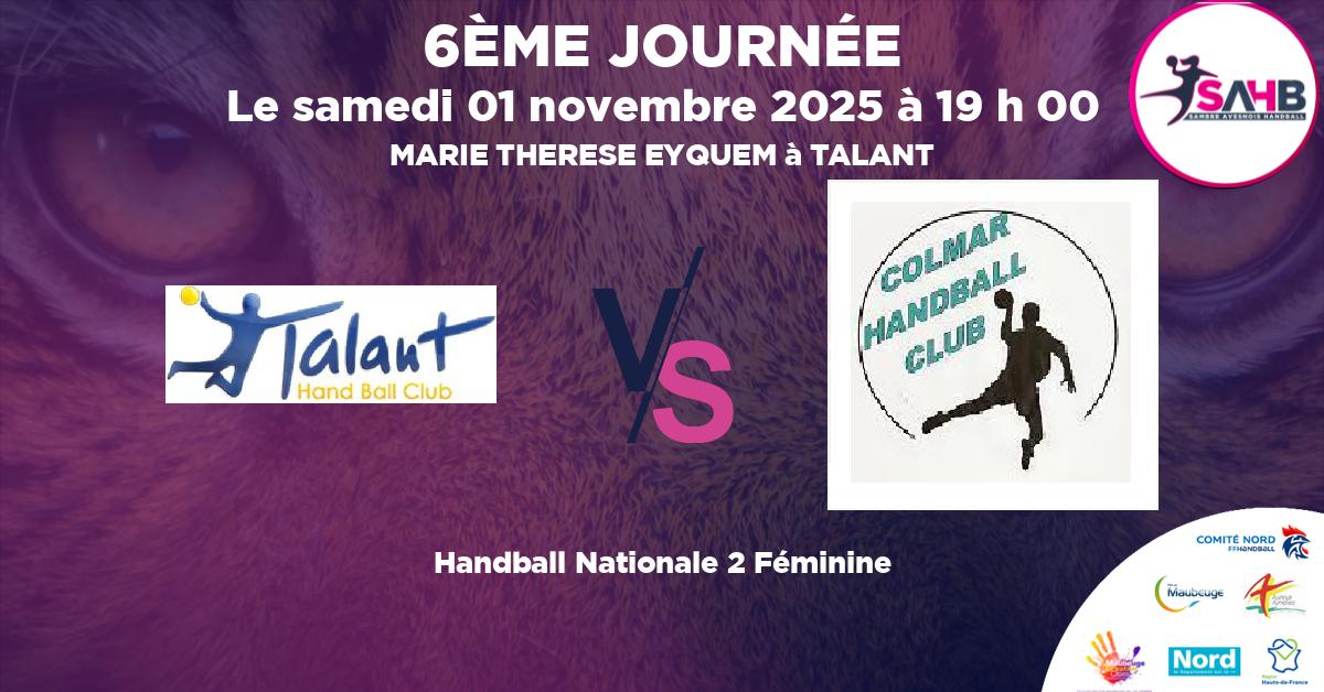 Nationale 2 Féminine handball, TALANT VS COLMAR - MARIE THERESE EYQUEM à TALANT à 19 h 00