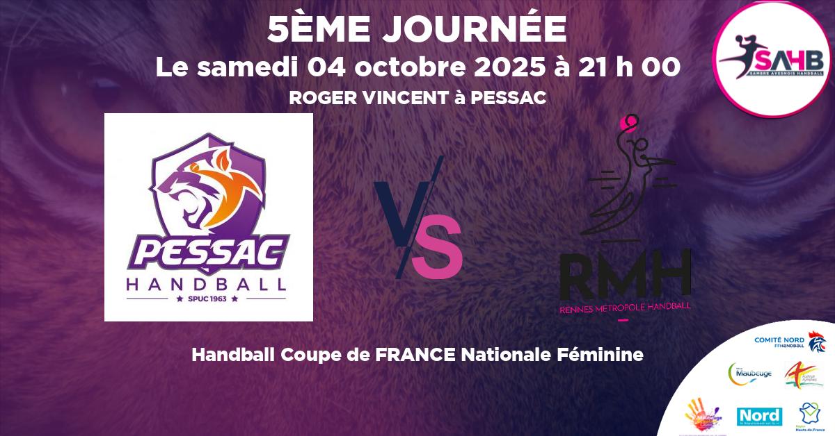 Coupe de FRANCE Nationale Féminine handball, STADE PESSACAIS VS SAINT GREGOIRE RENNES METROPOLE - ROGER VINCENT à PESSAC à 21 h 00