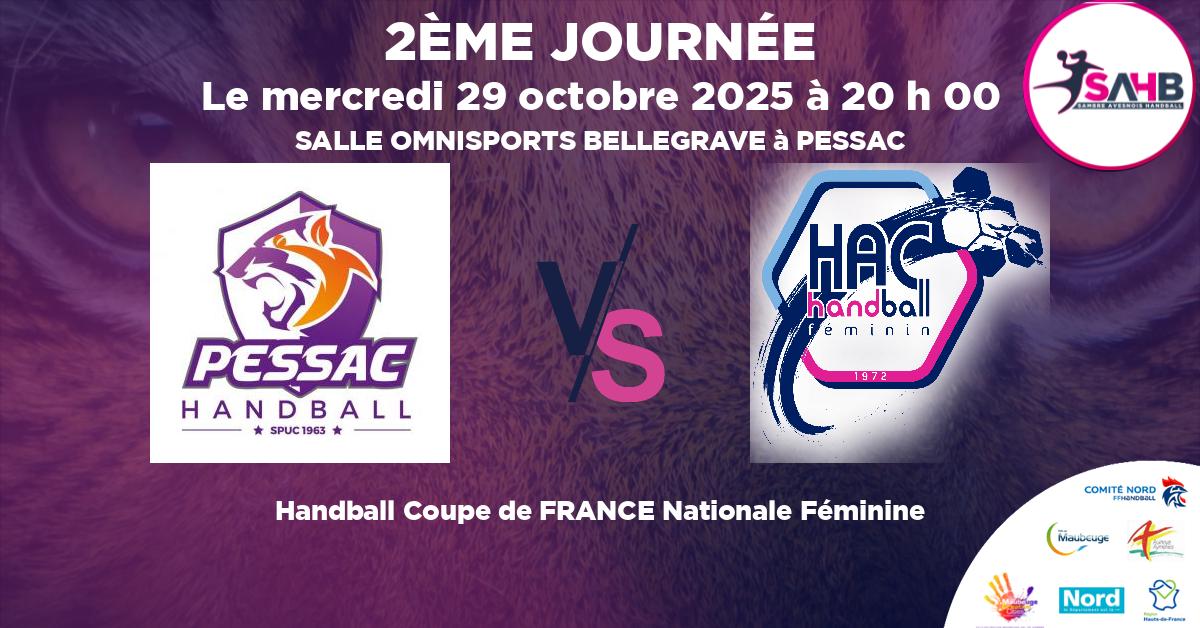 Coupe de FRANCE Nationale Féminine handball, STADE PESSACAIS VS HAVRE ATHLETIC - SALLE OMNISPORTS BELLEGRAVE à PESSAC à 20 h 00