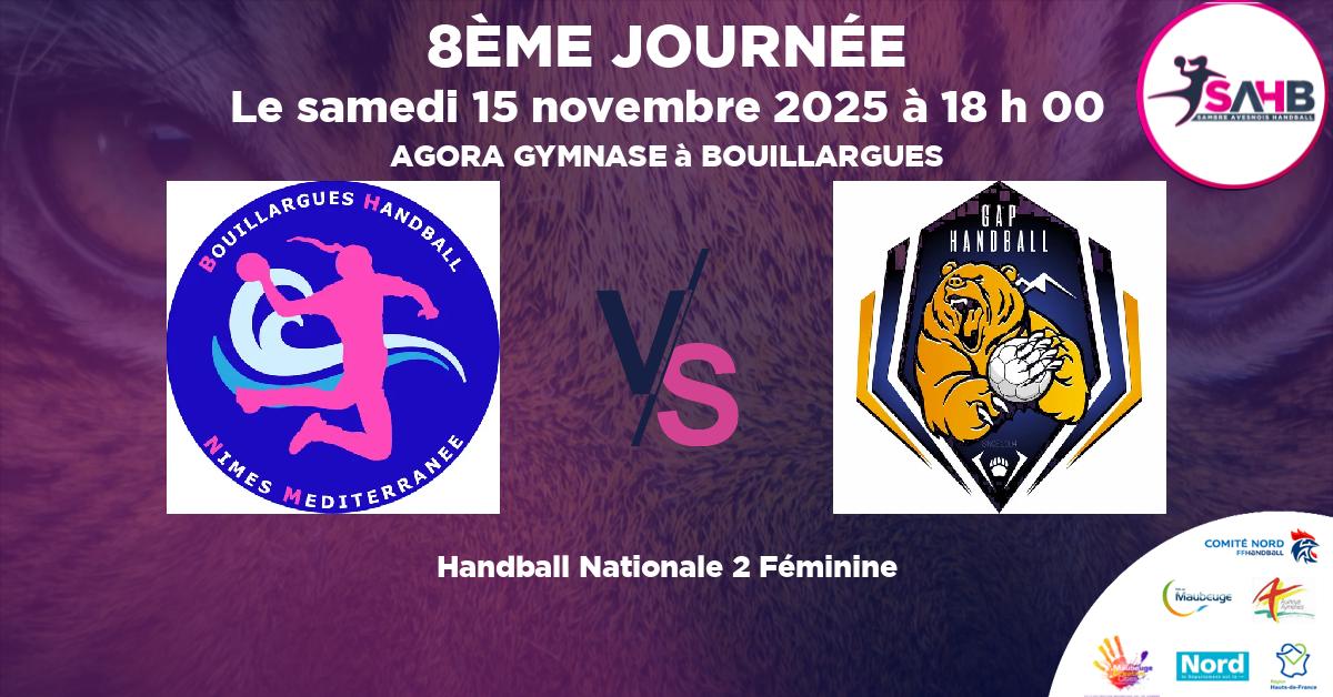 Nationale 2 Féminine handball, BOUILLARGUES NIMES MEDITERRANEE VS GAP CHAMPSAUR N2 - AGORA GYMNASE à BOUILLARGUES à 18 h 00