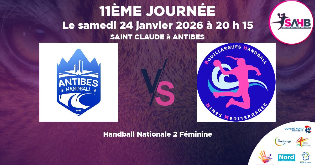 Nationale 2 Féminine handball, O. ANTIBES JUAN LES PINS VS BOUILLARGUES NIMES MEDITERRANEE - SAINT CLAUDE à ANTIBES à 20 h 15