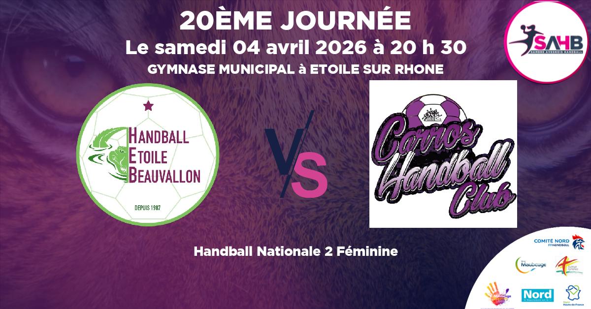 Nationale 2 Féminine handball, ETOILE BEAUVALLON VS CARROS - GYMNASE MUNICIPAL à ETOILE SUR RHONE à 20 h 30