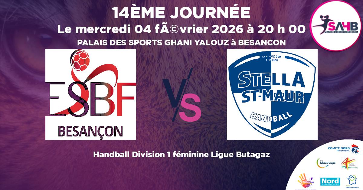 Division 1 féminine Ligue Butagaz handball, BESANCON VS STELLA SAINT-MAUR - PALAIS DES SPORTS GHANI YALOUZ à BESANCON à 20 h 00