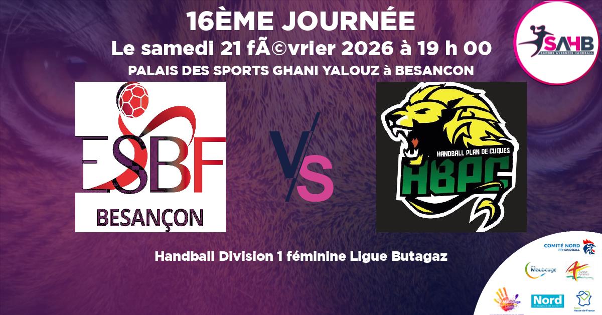 Division 1 féminine Ligue Butagaz handball, BESANCON VS PLAN DE CUQUES - PALAIS DES SPORTS GHANI YALOUZ à BESANCON à 19 h 00