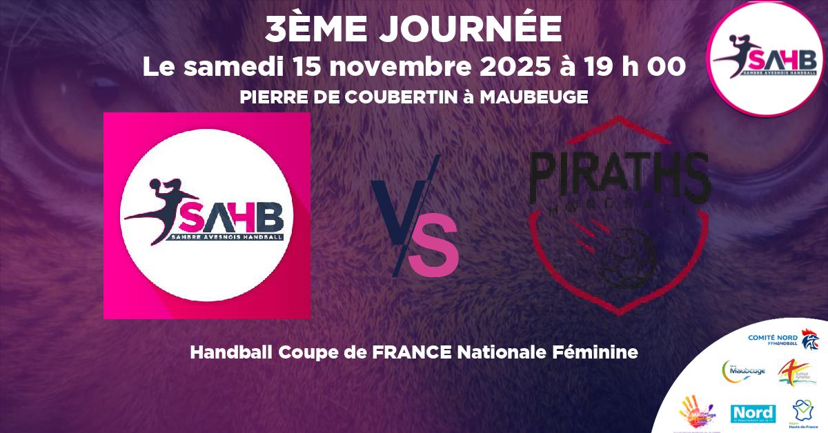Coupe de FRANCE Nationale Féminine handball, SAMBRE AVESNOIS VS STRASBOURG ACHENHEIM TRUCHTERSHEIM - PIERRE DE COUBERTIN à MAUBEUGE à 19 h 00
