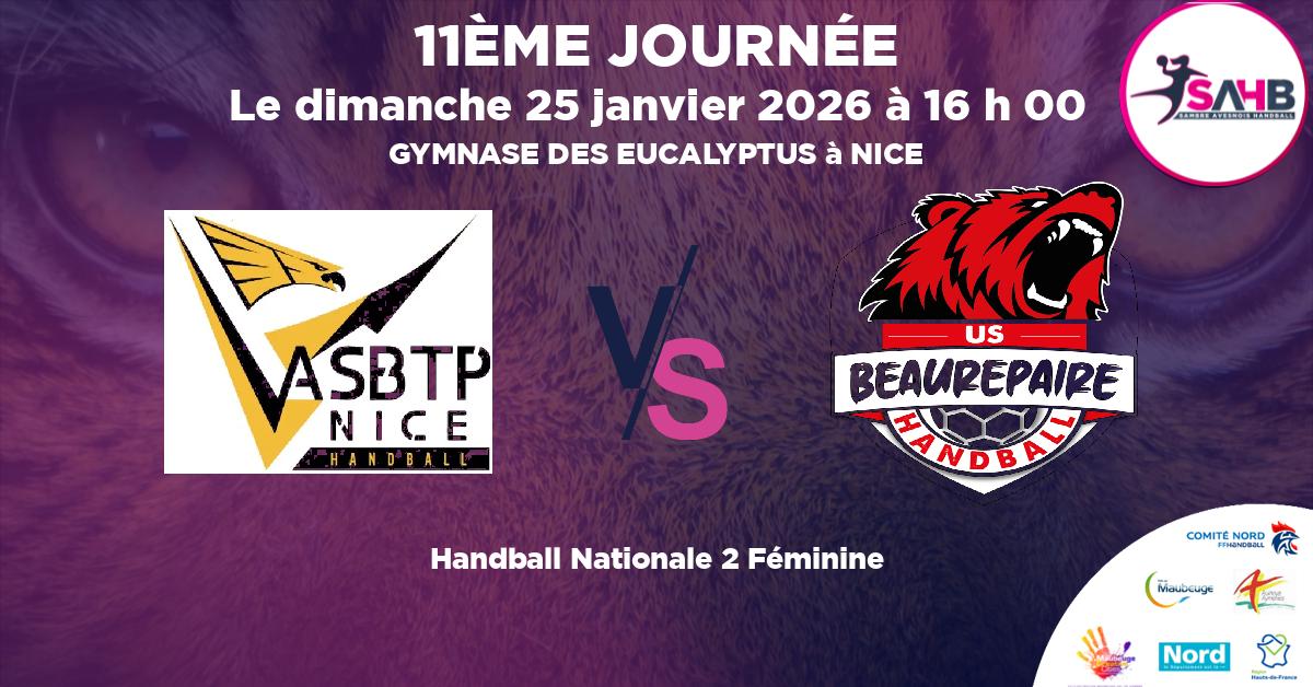 Nationale 2 Féminine handball, ASNICE VS BEAUREPAIRE - GYMNASE DES EUCALYPTUS à NICE à 16 h 00