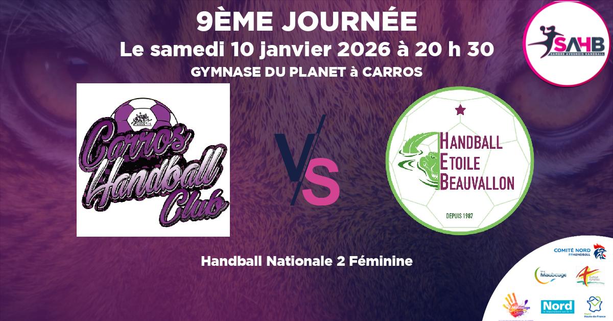 Nationale 2 Féminine handball, CARROS VS ETOILE BEAUVALLON - GYMNASE DU PLANET à CARROS à 20 h 30