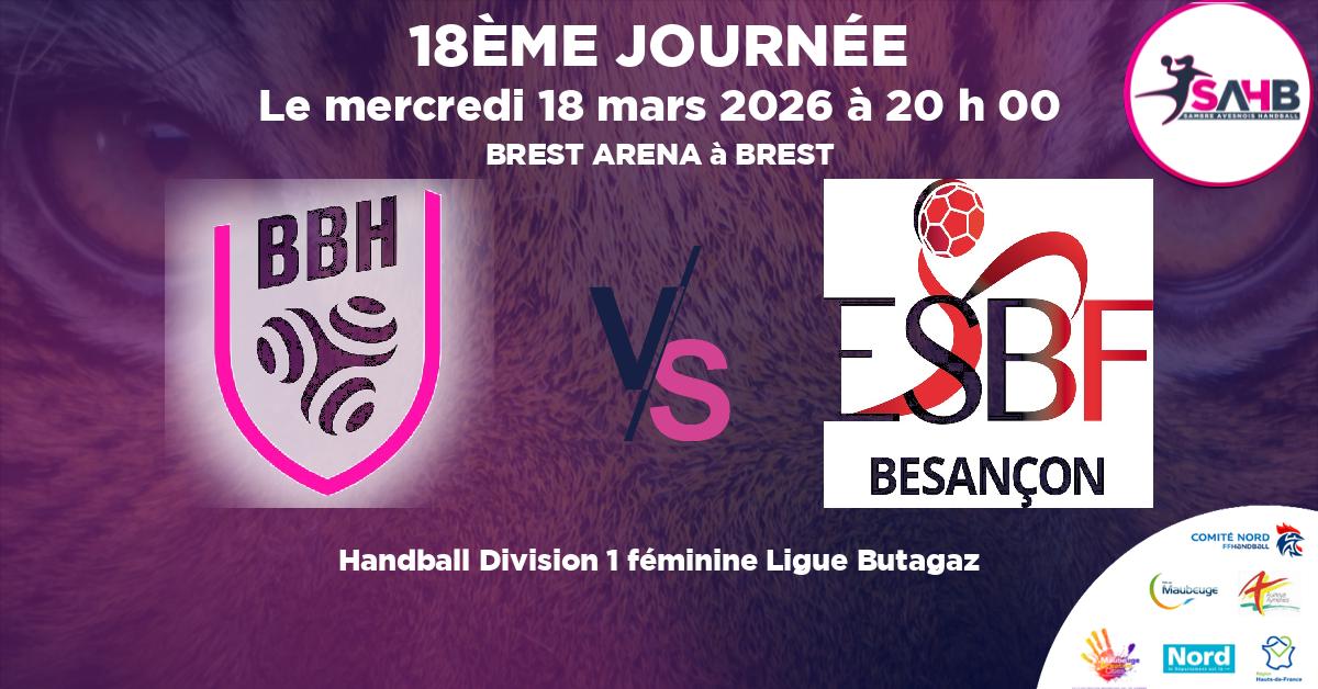 Division 1 féminine Ligue Butagaz handball, BREST BRETAGNE VS BESANCON - BREST ARENA à BREST à 20 h 00