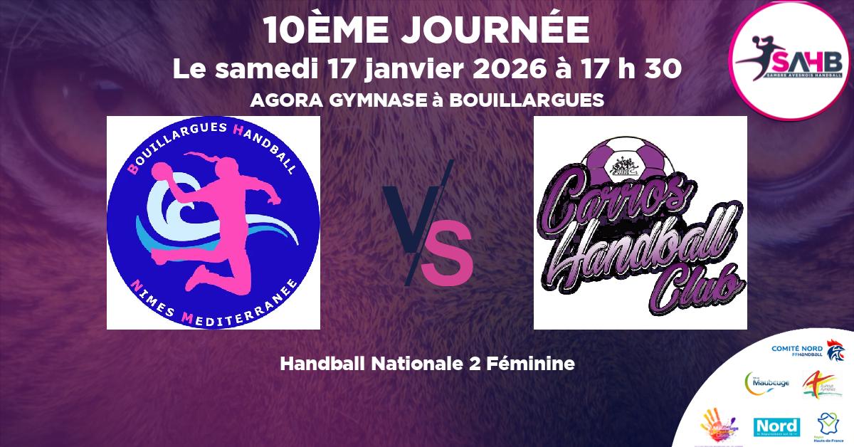 Nationale 2 Féminine handball, BOUILLARGUES NIMES MEDITERRANEE VS CARROS - AGORA GYMNASE à BOUILLARGUES à 17 h 30