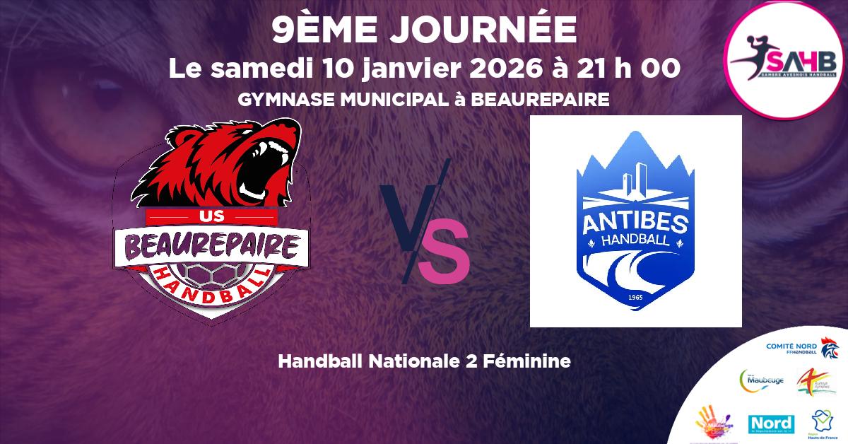 Nationale 2 Féminine handball, BEAUREPAIRE VS O. ANTIBES JUAN LES PINS - GYMNASE MUNICIPAL à BEAUREPAIRE à 21 h 00