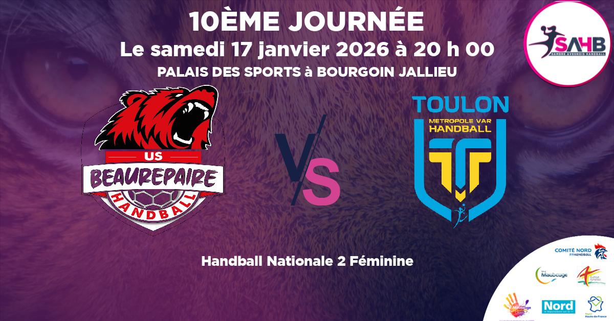 Nationale 2 Féminine handball, BEAUREPAIRE VS TOULON - PALAIS DES SPORTS à BOURGOIN JALLIEU à 20 h 00