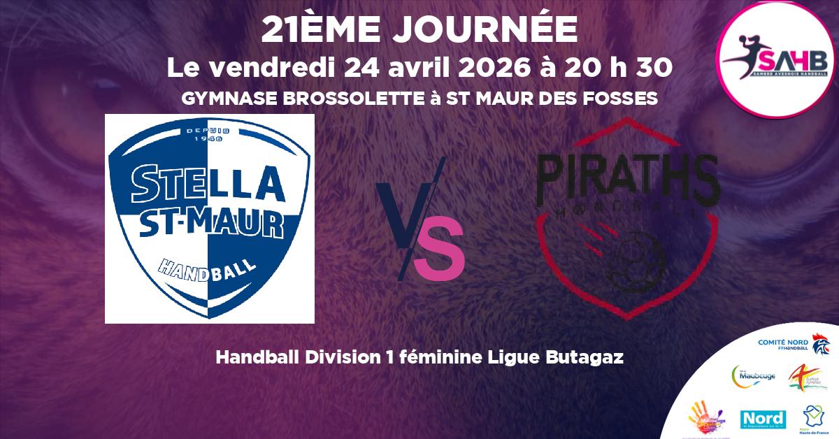 Division 1 féminine Ligue Butagaz handball, STELLA SAINT-MAUR VS STRASBOURG ACHENHEIM TRUCHTERSHEIM - GYMNASE BROSSOLETTE à ST MAUR DES FOSSES à 20 h 30