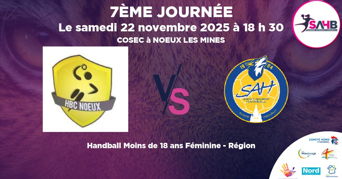 Moins de 18 ans Féminine - Région handball, NOEUX LES MINES VS ST AMAND LES EAUX - COSEC à NOEUX LES MINES à 18 h 30