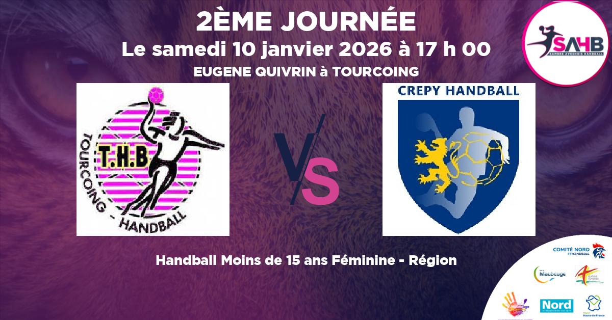 Moins de 15 ans Féminine - Région handball, TOURCOING VS CREPY EN VALOIS - EUGENE QUIVRIN à TOURCOING à 17 h 00