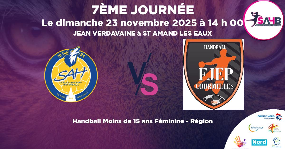 Moins de 15 ans Féminine - Région handball, ST AMAND LES EAUX VS ELITE AXONAISE U15F COURMELLES - JEAN VERDAVAINE à ST AMAND LES EAUX à 14 h 00