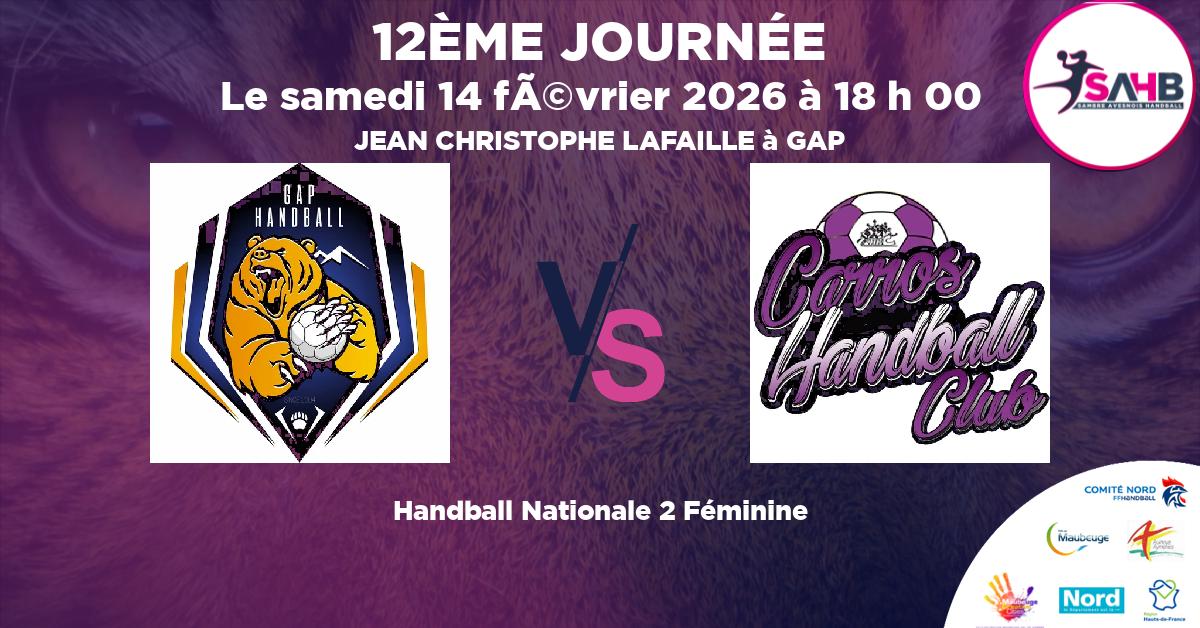 Nationale 2 Féminine handball, GAP CHAMPSAUR N2 VS CARROS - JEAN CHRISTOPHE LAFAILLE à GAP à 18 h 00