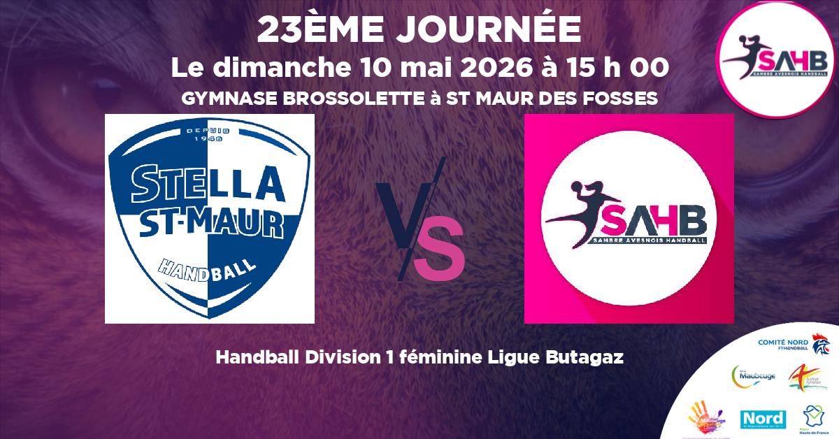 Division 1 féminine Ligue Butagaz handball, STELLA SAINT-MAUR VS SAMBRE AVESNOIS - GYMNASE BROSSOLETTE à ST MAUR DES FOSSES à 15 h 00