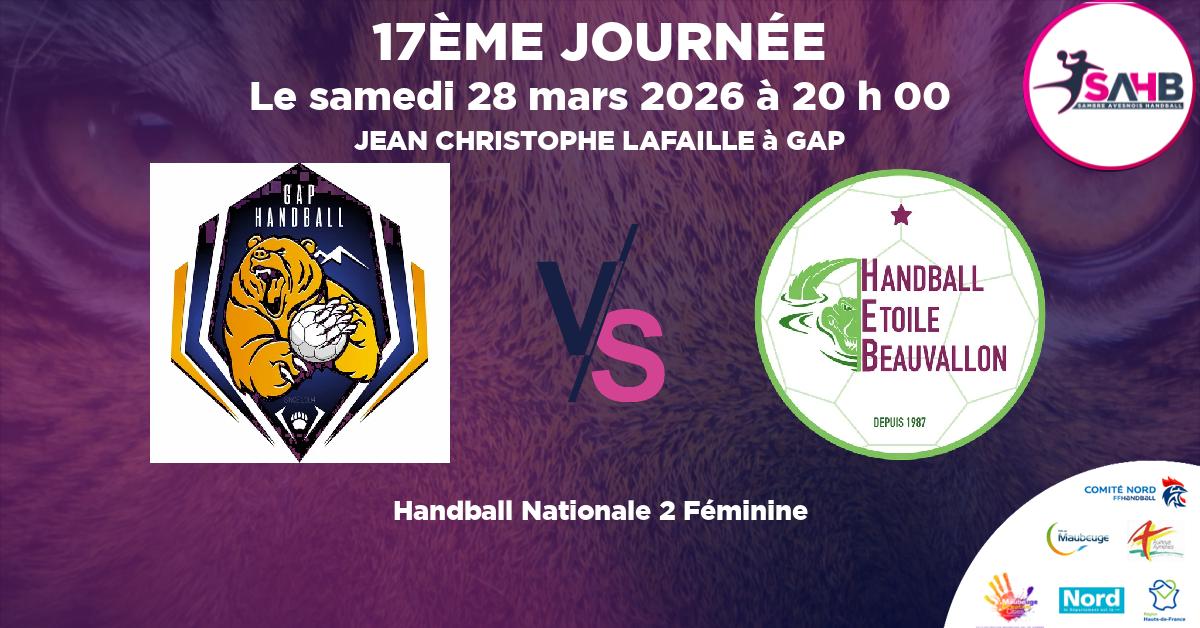 Nationale 2 Féminine handball, GAP CHAMPSAUR N2 VS ETOILE BEAUVALLON - JEAN CHRISTOPHE LAFAILLE à GAP à 20 h 00