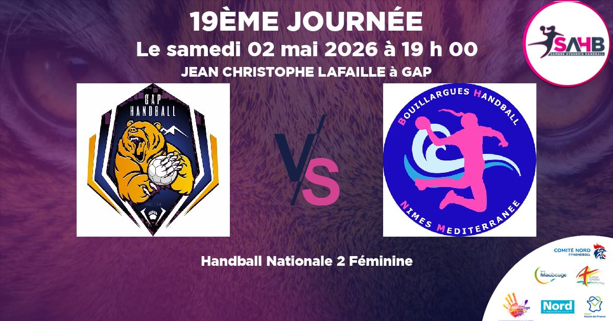 Nationale 2 Féminine handball, GAP CHAMPSAUR N2 VS BOUILLARGUES NIMES MEDITERRANEE - JEAN CHRISTOPHE LAFAILLE à GAP à 19 h 00