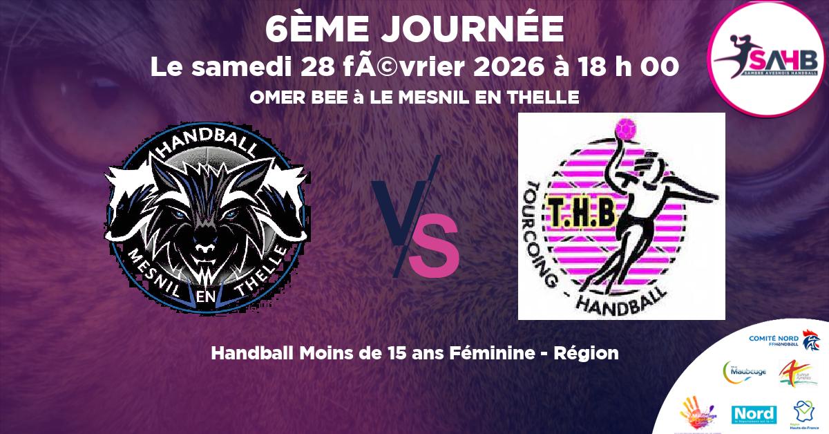 Moins de 15 ans Féminine - Région handball, PAYS DE THELLE MESNIL EN THELLE U15F VS TOURCOING - OMER BEE à LE MESNIL EN THELLE à 18 h 00