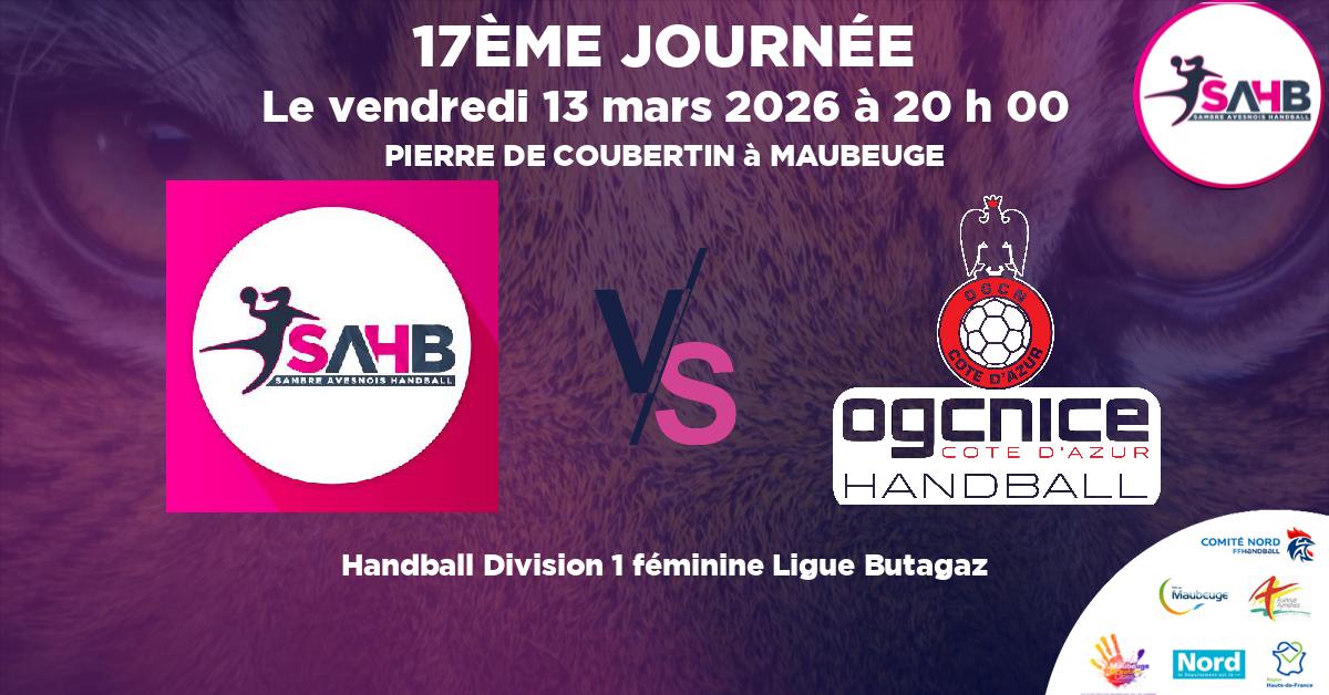 Division 1 féminine Ligue Butagaz handball, SAMBRE AVESNOIS VS OGC NICE COTE D'AZUR - PIERRE DE COUBERTIN à MAUBEUGE à 20 h 00