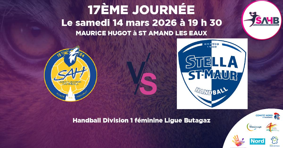 Division 1 féminine Ligue Butagaz handball, ST AMAND LES EAUX VS STELLA SAINT-MAUR - MAURICE HUGOT à ST AMAND LES EAUX à 19 h 30