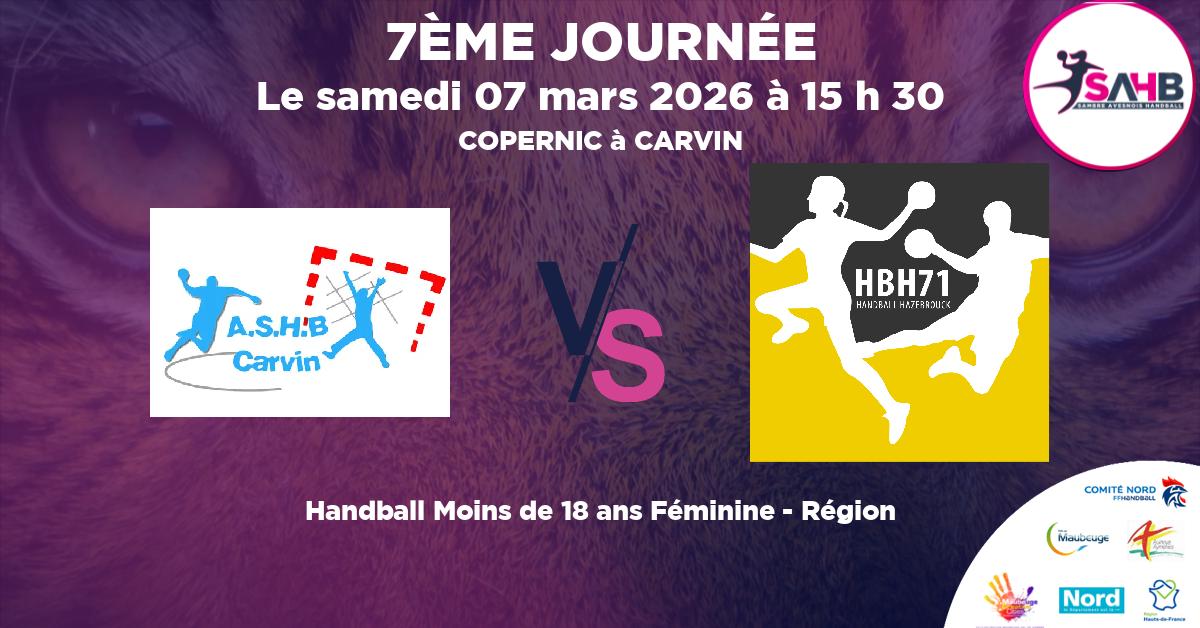 Moins de 18 ans Féminine - Région handball, ASCARVIN VS HAZEBROUCK 71 - COPERNIC à CARVIN à 15 h 30